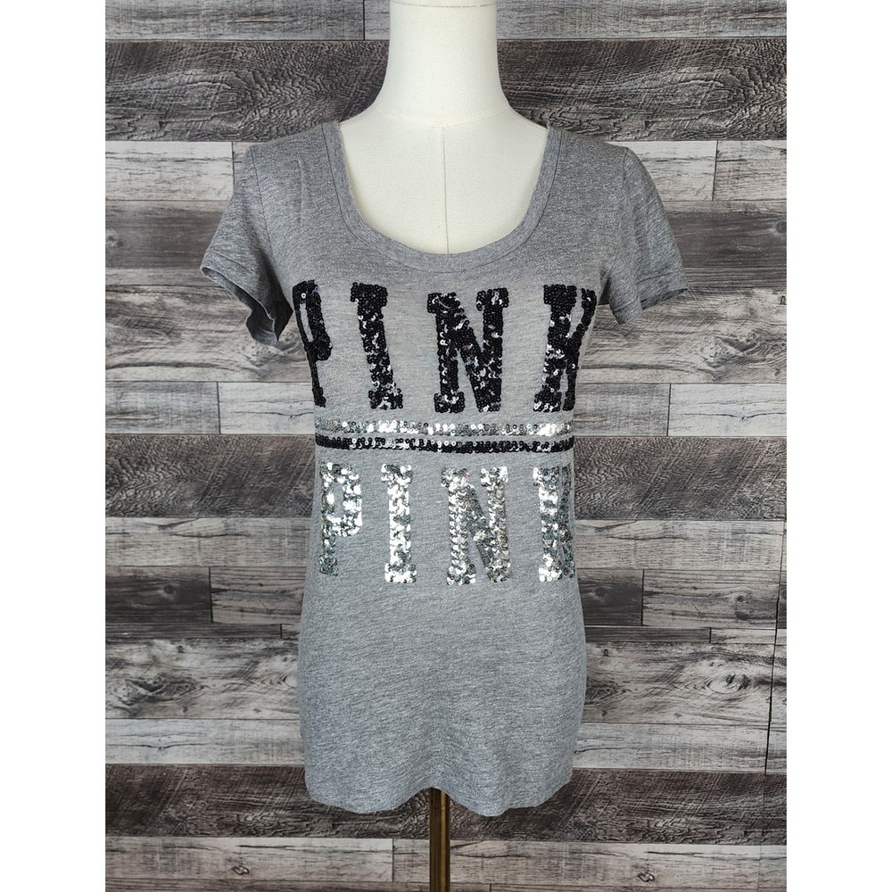Victoria's Secret PINK Bling Sequin Logo Short Sleeve Tee XS 10836200